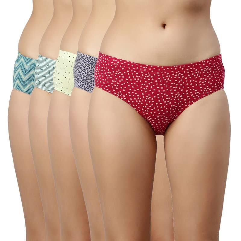 Enamor Stretchable Cotton Hipster Panties for Women, Full Coverage Grip Fit Inner Elastic with Antimicrobial & Stain Release Technology - Color and Print May Vary - CR17 (Pack of 5)