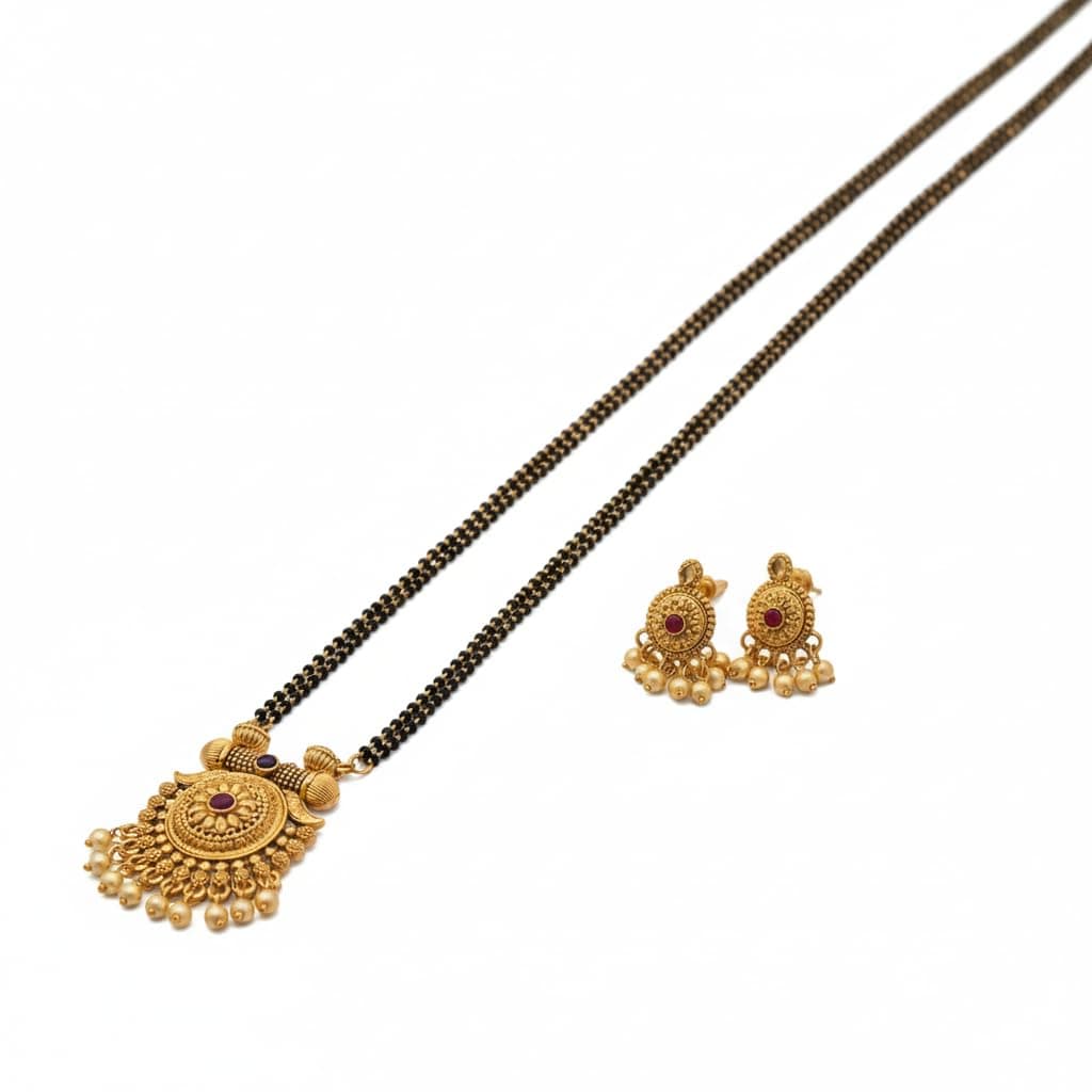 AAIKU Maharashtrian Traditional Gold-Plated Matte Finish Mangalsutra Set | Black Beads Chain with Gold Pendant & Matching Earrings | Ethnic Wedding Jewelry for Women (Pack of 1)