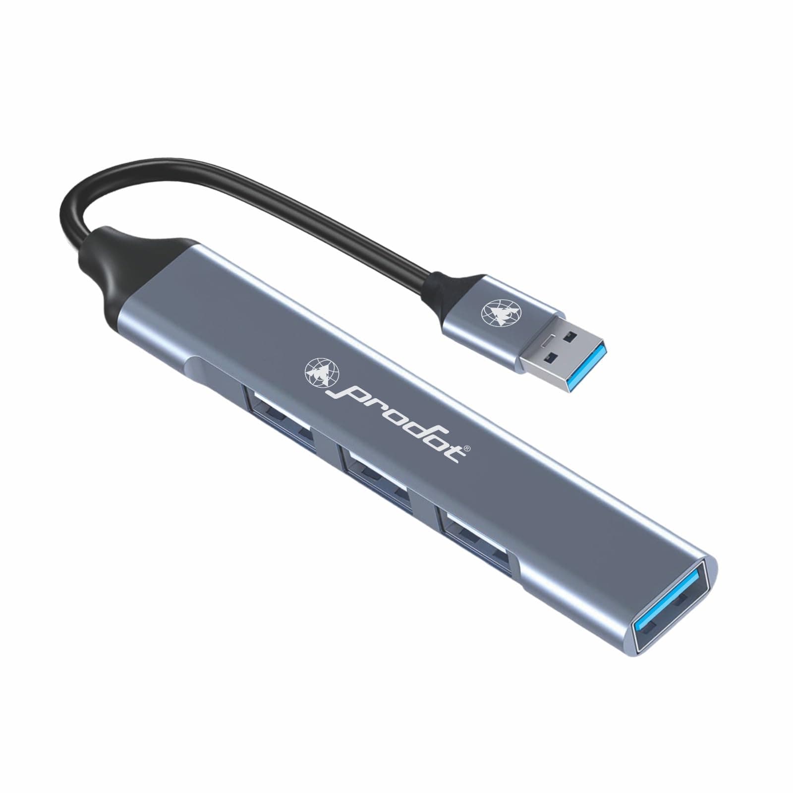 ProDot U-Konnect 4-Port USB Hub, Multiport Adapter with 1 x USB 3.0 & 3 x USB 2.0 Ports, 5 Gbps Fast Data Transfer, Compact Plug & Play USB Splitter for MacBook, Laptop, PC (Aluminum, Silver)