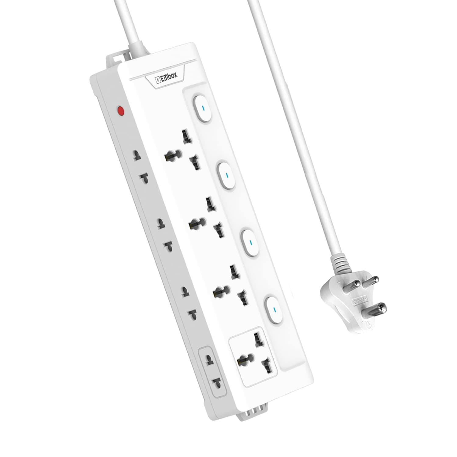 EMBOX Extension Board with Switches 2500 W| 4 Universal Sockets, Individual Switches| Safety Shutter, Spike Guard LED Indicator and Safety Shutter