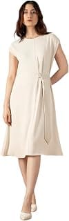 Van Heusen Women's Regular Fit Half Sleeve Belted Fit and Flare Calf Length Dress