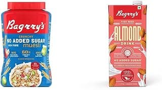 Bagrry's No Added Sugar Crunchy Muesli 1kg & Bagrrys Plant Based Almond Drink, Unsweetned 1l | Vegan | Gluten Free| Dairy free | No Added Sugar| Plant based milk | No Preservatives | Breakfast Cereals