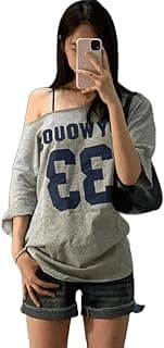 SXV STYLE Women's Casual Letter Print Asymmetric Neck Loose Short Sleeve T-Shirt,