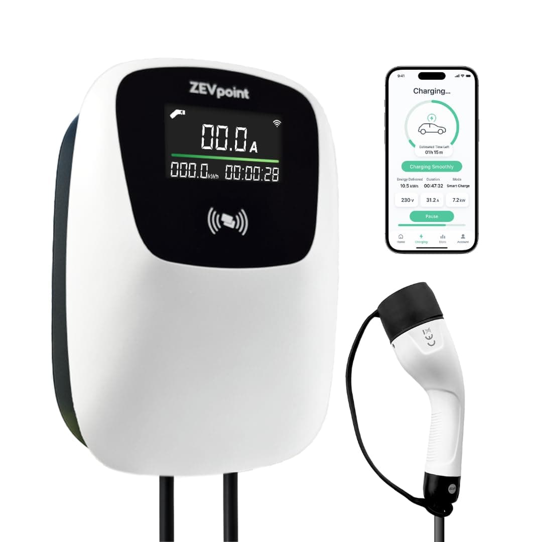 Zevpoint 7.5kW Smart EV Charger | Display Screen, 5m TPU Cable | ARAI, CE & TUV Certified | App, RFID, BT | Adjustable Power |10+ Advanced Safety Protections | IP66 | Upto 5-Yr Warranty (Polar Pro)