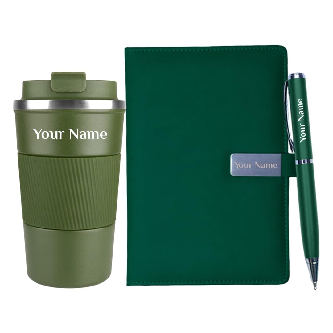 Giftana Personalized Diary with Pen, Coffee Tumbler with Name, 3 in 1 Customized Diary, Pen and Tumbler 510ml Gift Set, Customised Gifts for Husband, New Year Corporate Gifts for Employee (Green)