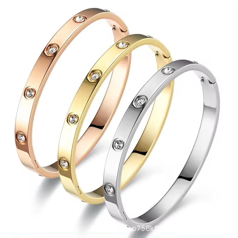 MIAMI 18K Gold Plated Stainless Steel Openable 3 Crystal Bracelet | Latest Stylish Cuff Bangle | Love Friendship Couples Gifts for Women Girls Mother Sister Wife Girlfriend | Anti Tarnish Jewellery