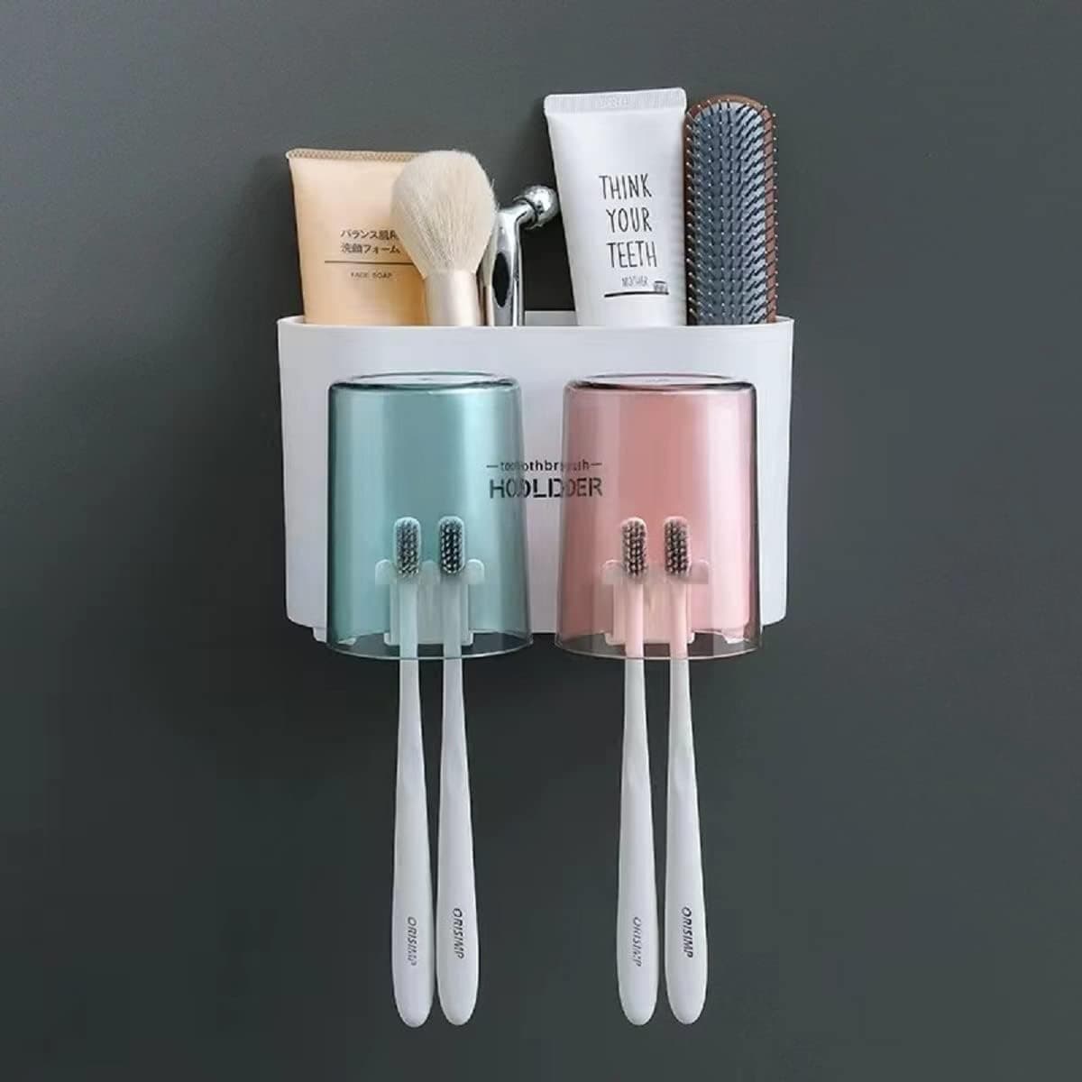 WEZOSHINET Wall Mounted Toothbrush Holder for Bathroom - Stickable Brush Stand with Cover Tooth Brush & Paste Holder for Bathroom (2 Cups Toothbrush Holder)