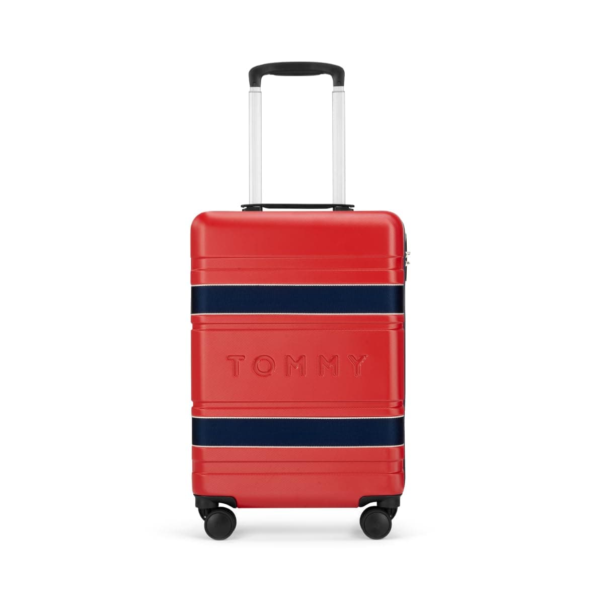 Tommy Hilfiger Las Vegas Small Hard Luggage- Red & Navy | Polycarbonate Shell with Twill Textured Suitcase | TSA Lock | Push Button Trolley Handle | 360° Spinner Wheels | 45L Capacity | 57cm