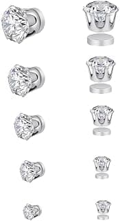 SANNIDHI 5 Pairs Earrings Set for Women 4/5/6/7/8mm Rhinestone Magnetic Shiny Clip-on Earring Round Cubic Zirconia Stud Earrings for Non-Pierced Ears