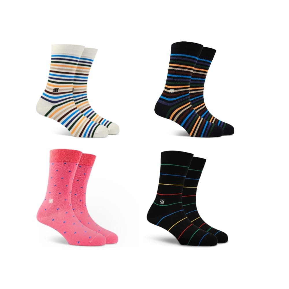 SockSoho Premium CREW LENGTH Socks for Men Combo | (Pack of 4 | Material : Combed Cotton | Color : Black, White, Pink, Blue I Size: Free (UK 7 to 12) I Length : Crew)