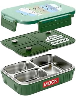 MILTON Meal Safe 3 Inner Stainless Steel Tiffin Box for School with Steam Release Plug | PU Insulated, Leak-Proof, Food Grade I Lunch Box for Kids Boys, Girls with Snap Lock Lid, 630 ml, Dark Green