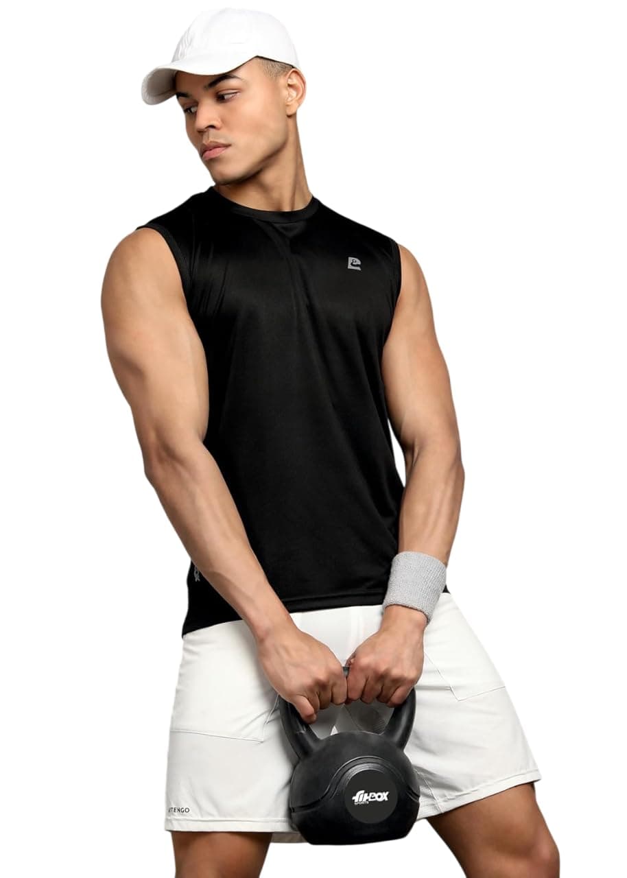 FitBox Sports Breeze Sleeveless T-Shirt for Gym, Comfortable Cardio & Workout Use, Lightweight Fabric (Micro Process Polyster with Wicking) Black - XXL