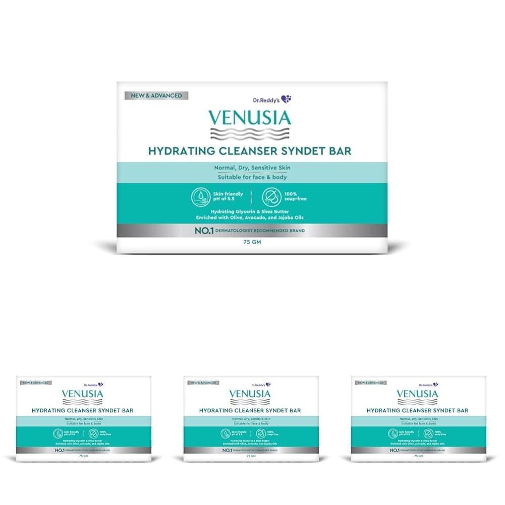 Dr. Reddy's Venusia Hydrating Cleanser Syndet Bar | 100% soap-free, pH 5.5, Non-irritating, Hypoallergenic, PAMA-free | Enriched with Hydrating Glycerin, Shea Butter, Olive Oil, Avocado Oil & Jojoba Oil - 75g