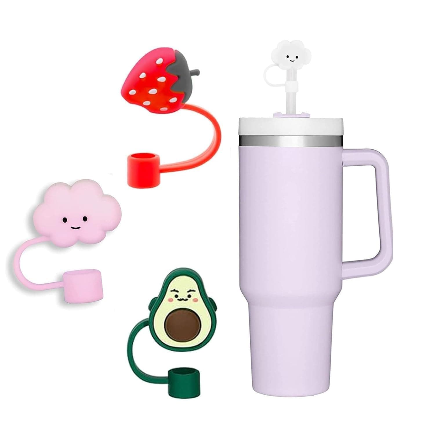 SBA PRIME Cute Straw Cap Toppers for Cups & Tumblers – 3D Silicone Avocado, Strawberry & Cloud Design – Reusable Dust-Proof Straw Cover for Stanley & Coffee Mugs (Pack of 2)