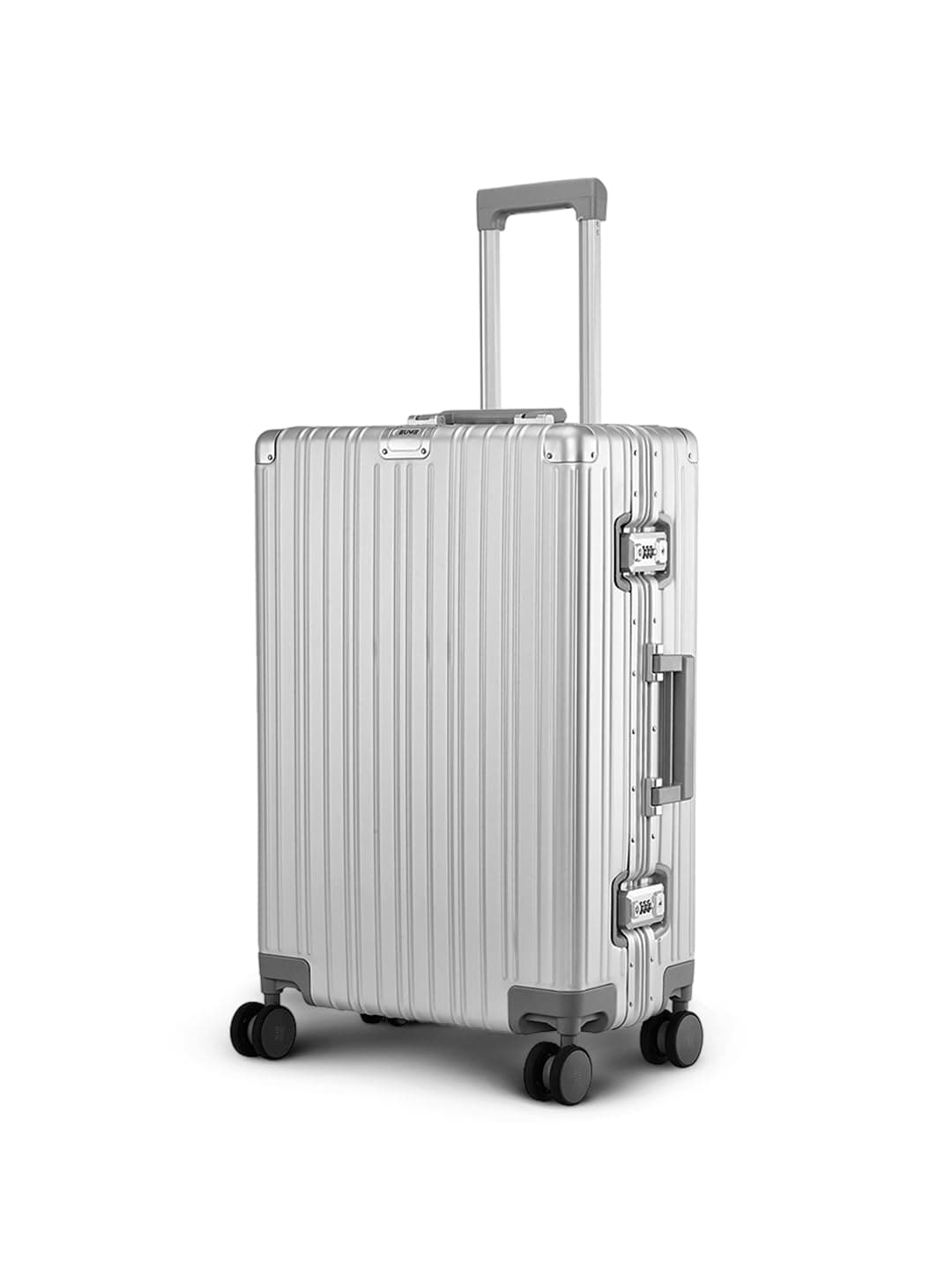 EUME 100% Aluminium Trolley Bag for Travelling| 60cm Luggage Trolley Bag Medium Size for Travel| 8 Silentrun 360 Degree Spinner Wheels System| Premium Trolley Bag for Travel (Silver with Grey Wheel)