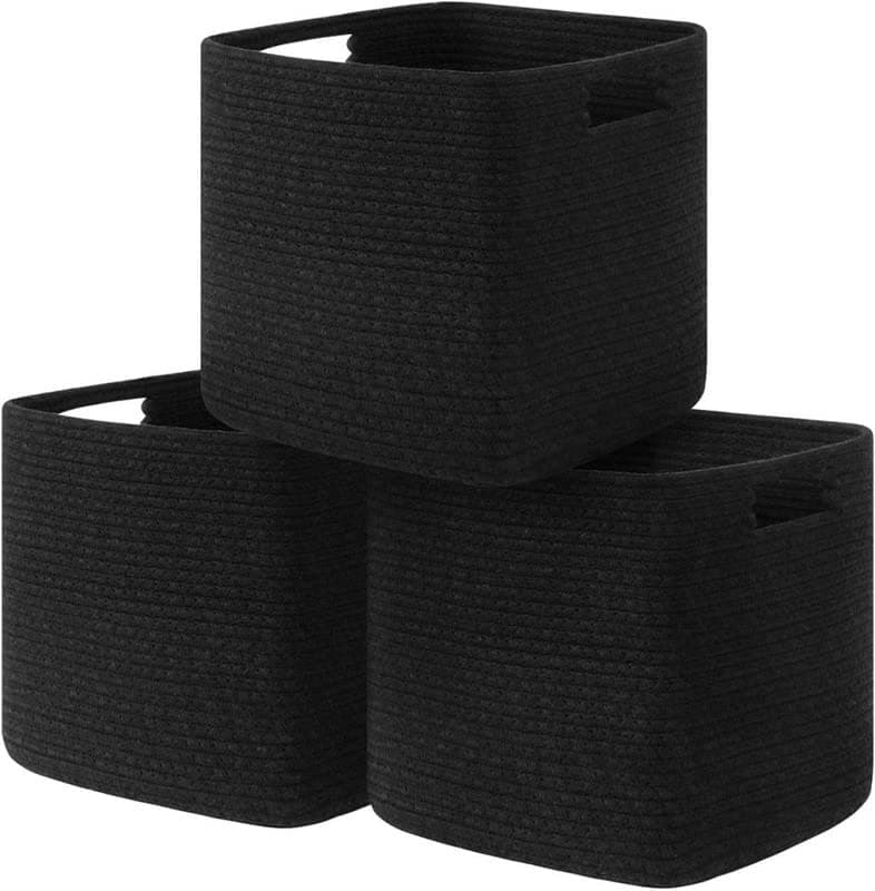 AURA NEST Set Of 3 Foldable Cotton Rope Storage Baskets With Handles | Woven Organizer Bins For Toys, Towels, Clothes, Shelves | Decorative Fabric Storage Boxes | 10.5X10.5X11 Inch | Black