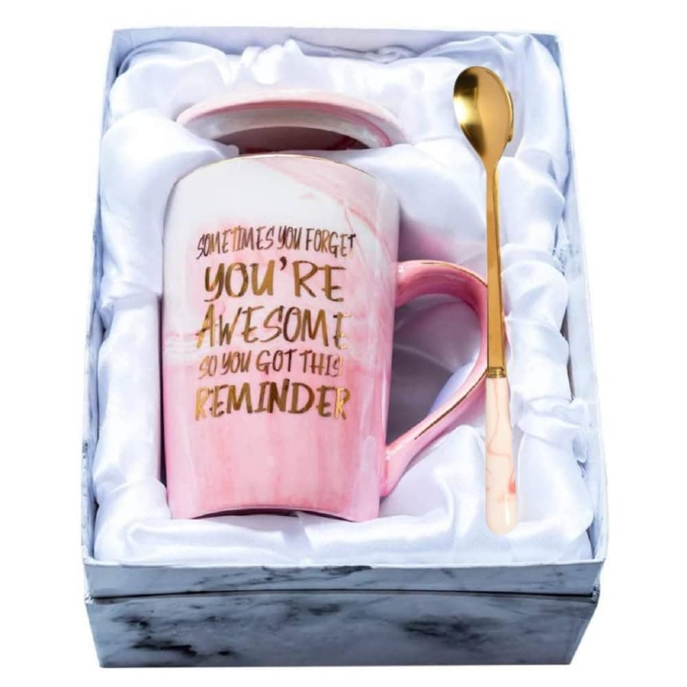 NYRWANA Coffee Mug, Gift for Woman, Birthday Present for Girlfriend, Mugs for Present, Present for Wife Birthday, Cute Mug with Spoon, Box & Bag (400ml-Pink)