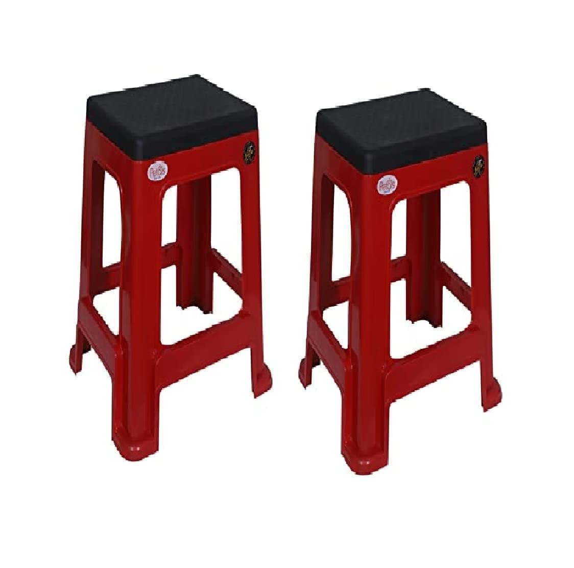 PETALS Plastic Stool Set of 2 | Stackable Combo Plastic Chair | Seating Stool for Home, Bedroom, Bathroom, & Kitchen | Red & Black, 2 Pcs, Mega Plush
