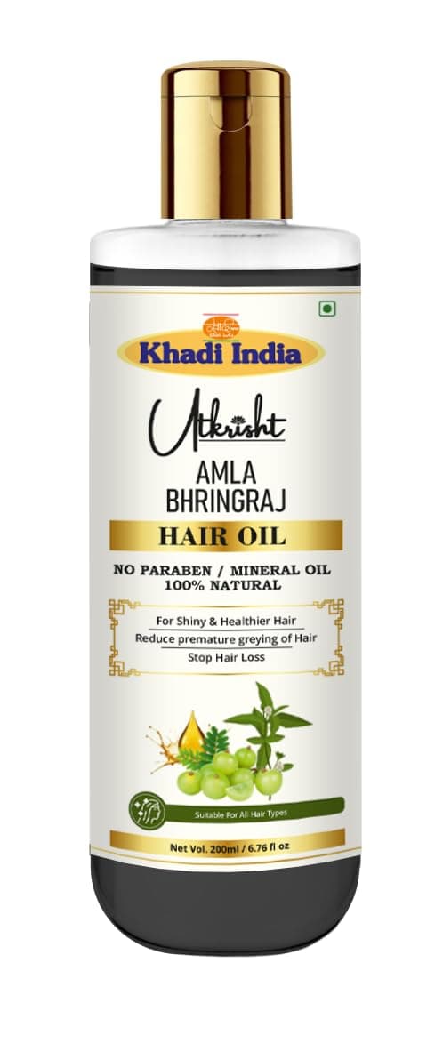 Utkrisht Khadi Amla & Bhringraj Hair Oil 200ml | Ayurvedic Herbal Hair Oil for Hair Growth & Hair Fall | Non-Sticky, Paraben & Mineral Oil Free | For All Hair Types | Daily Use for Men & Women