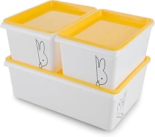 Nayasa Lego Print Stack N Store Plastic Storage Boxes with Lid & Side Handle | Multipurpose Storage Stackable Box | Strong and Durable | Set of 3, 5 L & 12 L | Small + Big | Yellow