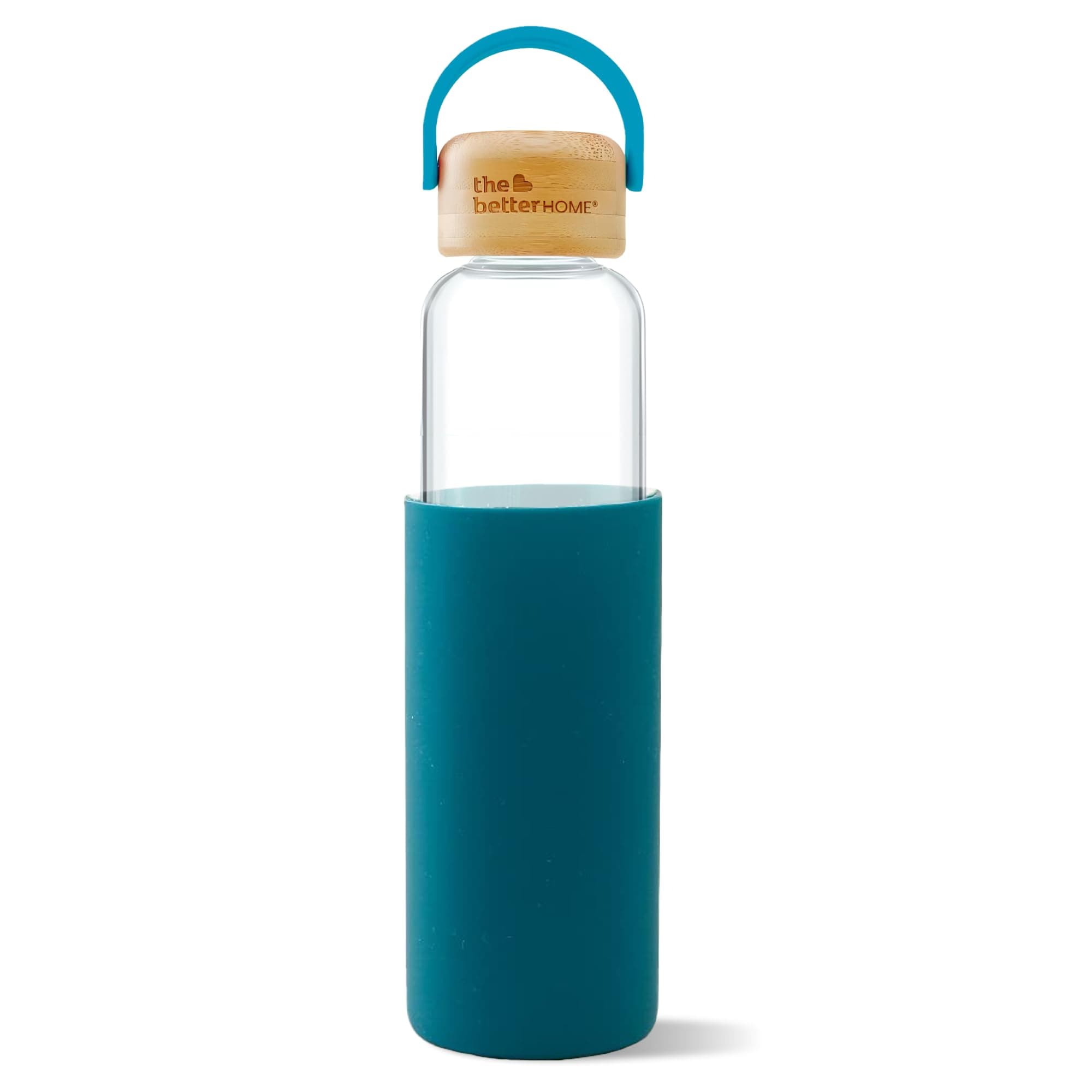 The Better Home Borosilicate Glass Water Bottle with Sleeve (500ml) | Non Slip Silicon Sleeve & Bamboo Lid | Fridge Water Bottles for Men, Women & Kids | Water Bottles for Fridge | Aqua (Pack of 1)