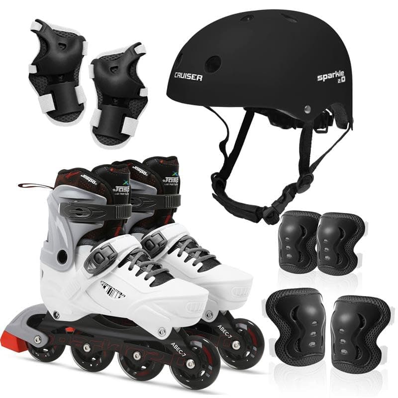 JASPO Sparkle 2.0 Adjustable Inline Skates Combo for Kids & Youth, ABEC-7 Bearings,Hard Boot, Aluminium Frame,70mm PU 85A Wheels Includes Safety Gear (White/Black, M (20 to 23cms))