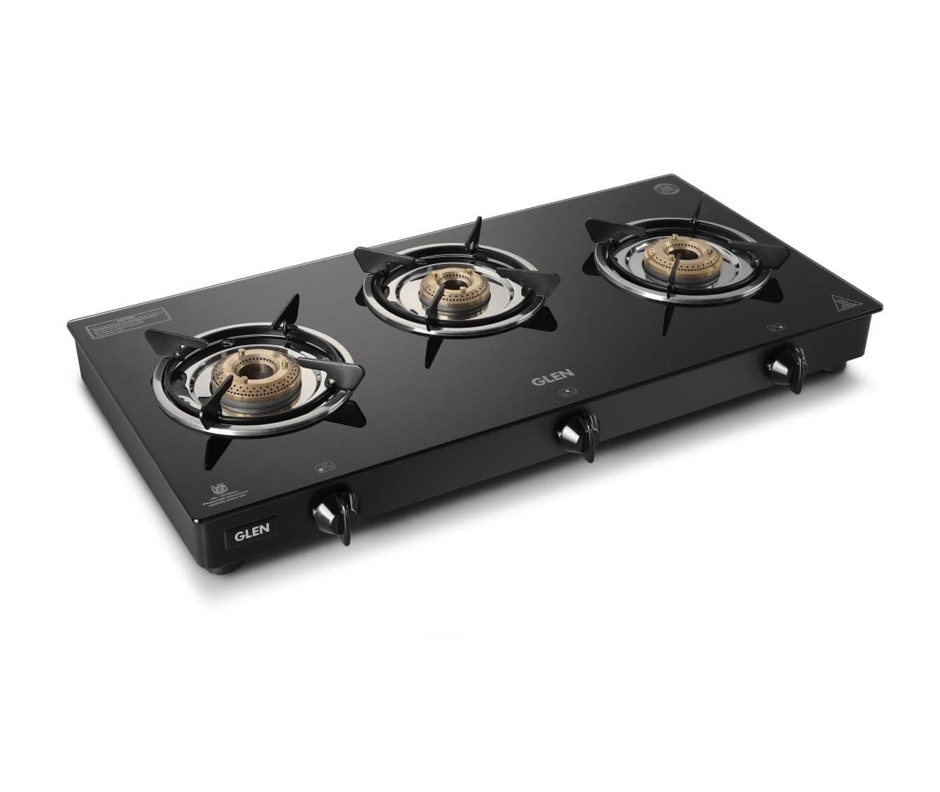 Glen Apex LPG Gas Stove 3 Burner | 6mm Toughened Glass Top Gas Stoves | Brass Burners | ISI Certified | 360 Revolving Inlet Nozzle | Warranty 2 Years Standard (Black)