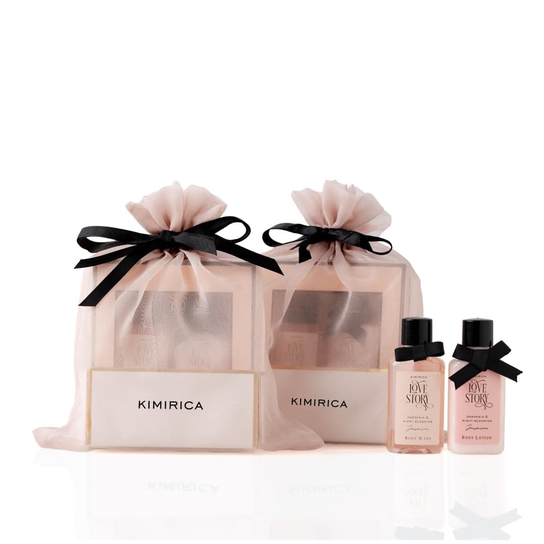 Kimirica Gift Set "Nothing But Love Duo" Potli For Family & Friends | Corporate Return Gifts For Employees, Men & Women | Romantic notes of Gardenia and Night Blooming Jasmine Shower gel, Body lotion with Loofah Inside (Pack of 2)