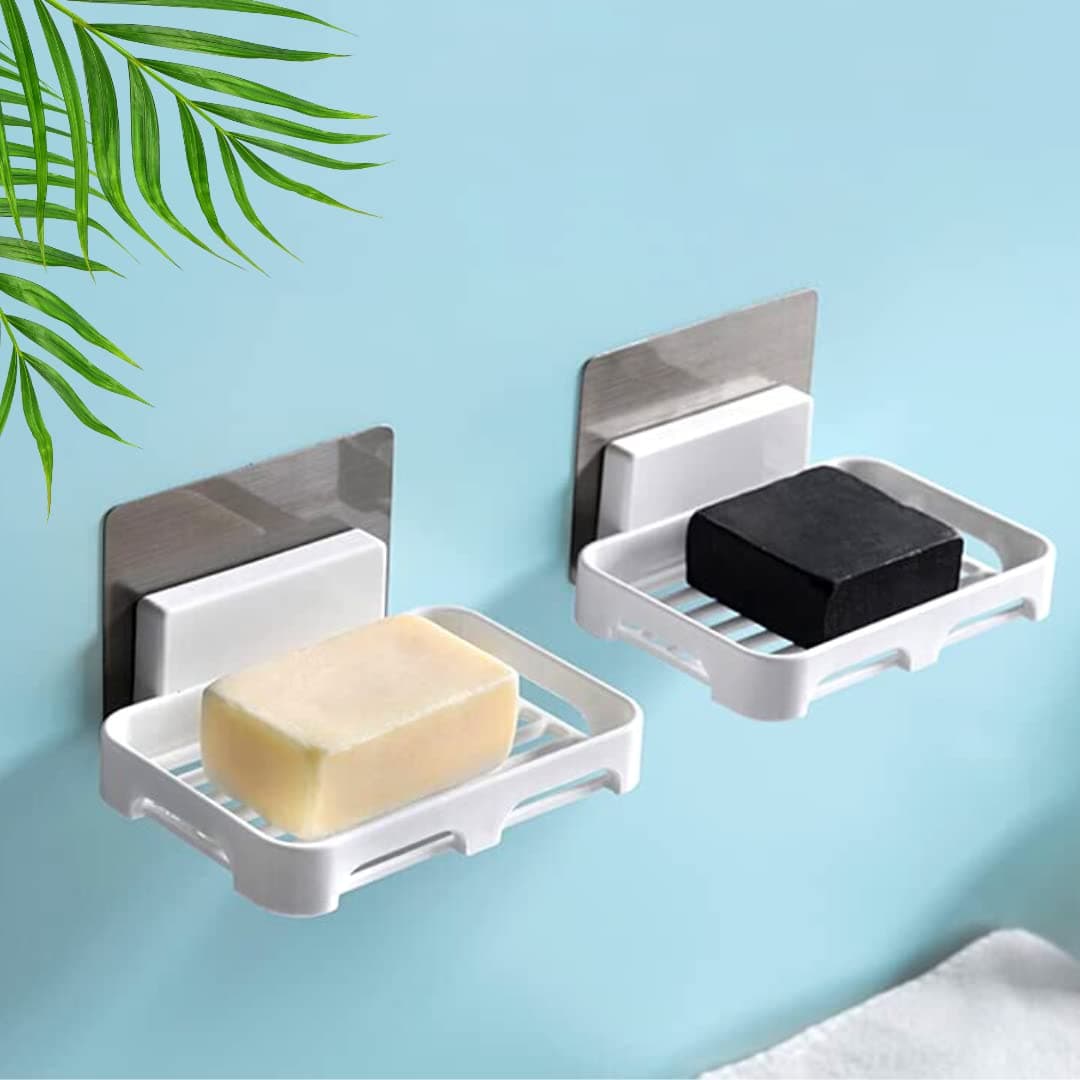 Bathroom Accessories Set – Soap Stand for Bathroom | Soap Holder & Soap Box for Bathroom | Wall Mounted/Self Adhesive, No Drill, Plastic Soap Case