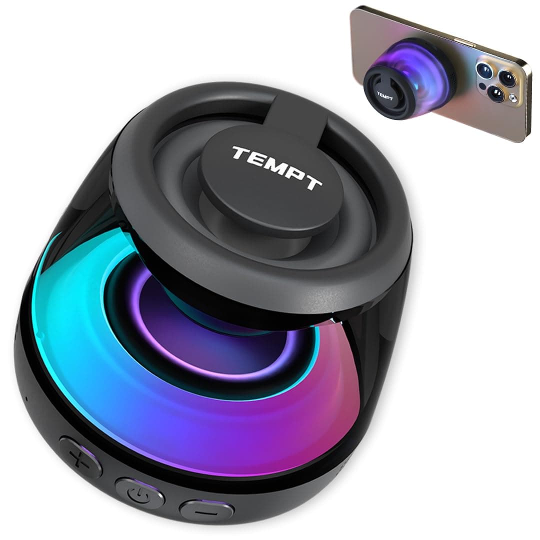 TEMPT Cameo Bluetooth Speaker, 6W Subwoofer & Mic, 6hrs Playtime (Black) | Powerful Bass Output, Magnetic Stick-On Design, Built-In RGB Lights, Compact & Portable for Travel, with Type-C Fast Charging