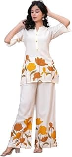 Elegant White Blue Floral Printed Rayon Co-Ord Set for Women | Relaxed Fit Tunic Top with Wide Leg Palazzo Pants | Casual & Lounge Wear Outfit Set