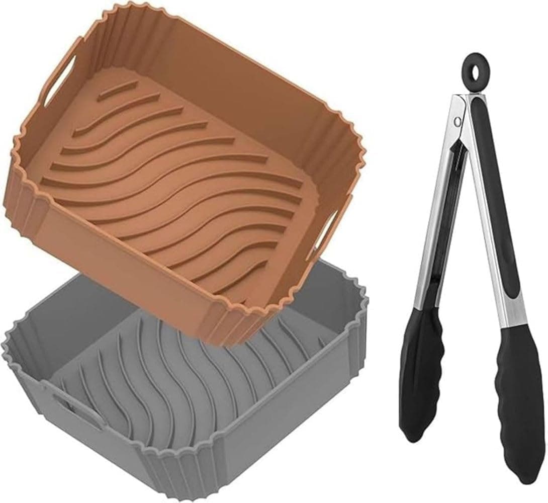 LOMGAV Square Silicone Air Fryer Liners (2-Pack) with Tongs – Reusable, Non-Stick, Heat-Resistant, Food-Grade Basket Inserts – Dishwasher Safe for Cooking, Baking, Fries, Chicken & Snacks