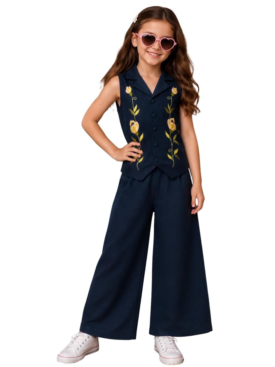 superminis Girls Cotton Co-ord Set| Elegent Sleeveless Floral Embroidery Top and Pant| Flared Bottom Clothing Set