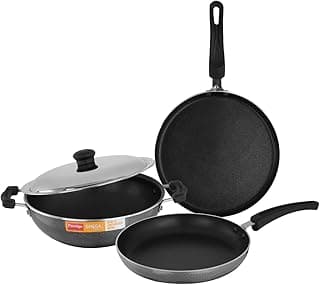 Prestige Non-Stick 3 Pc Cookware Set with Stainless Steel Lid | Omega Select Plus | Omni Tawa 25cm | Fry Pan 25cm | Kadai 25cm | PFOA Free | Metal Spoon Friendly | Sturdy Handles | 1Y Warranty | ISI