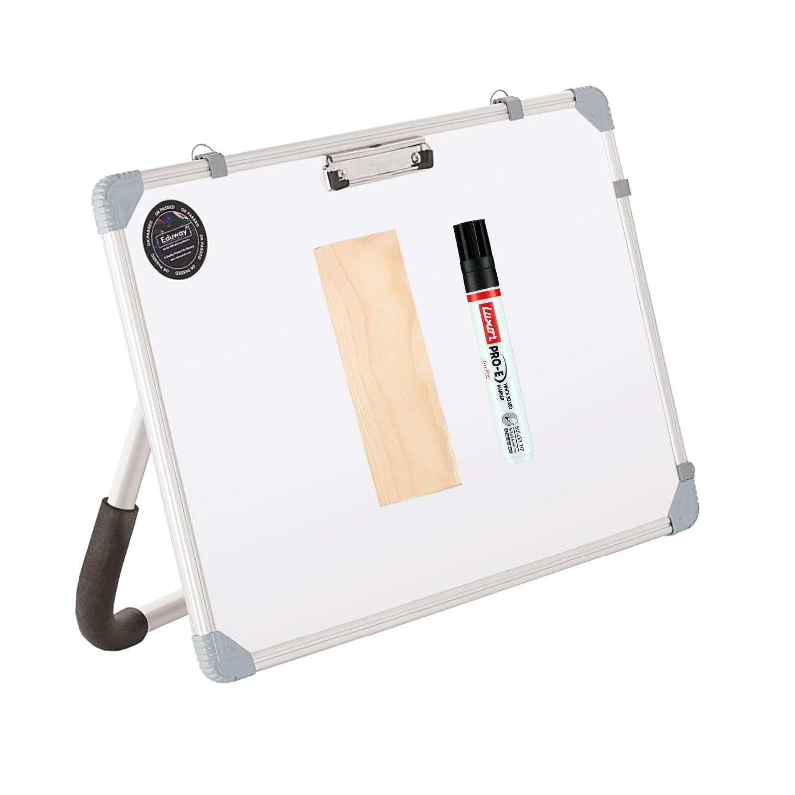 Eduway Non-Magnetic Dry Erase 1.5x2 Feet White Board with Stand | Standing Whiteboard | Table Top with Paper Clip for Study, Memo, to Do List, with 1 Marker Pen, 1 Duster, 18x24 Inches.