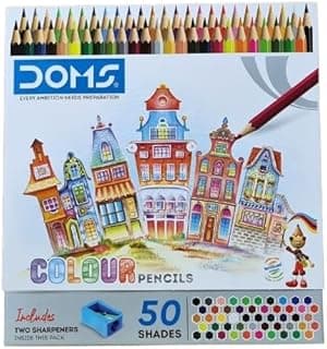 Doms Colour Pencils Box | Pack of 50 Shades & 2 Pencil Sharpeners Free | Pre-Sharpened, Smooth, Hexagonal Body Shape | Bright Colours | Accurate Bonding Process