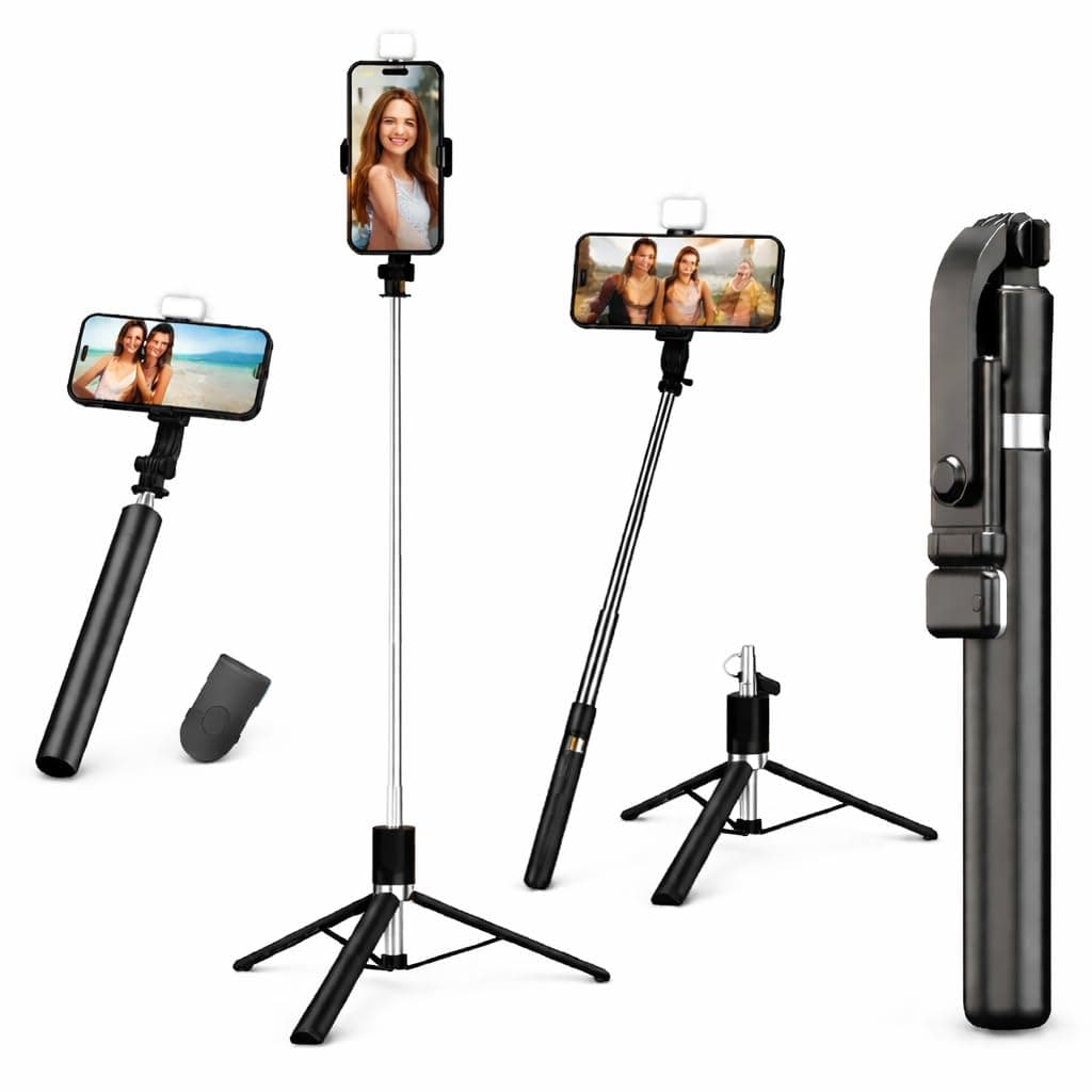 Selfie Stick Tripod with Light, 67 inch /170CM Reinforced Tripod for Mobile Phone, Multi-Functional Bluetooth Long Selfie Stick for Travel,Vlogging,Compatible with iPhone and All Smartphones