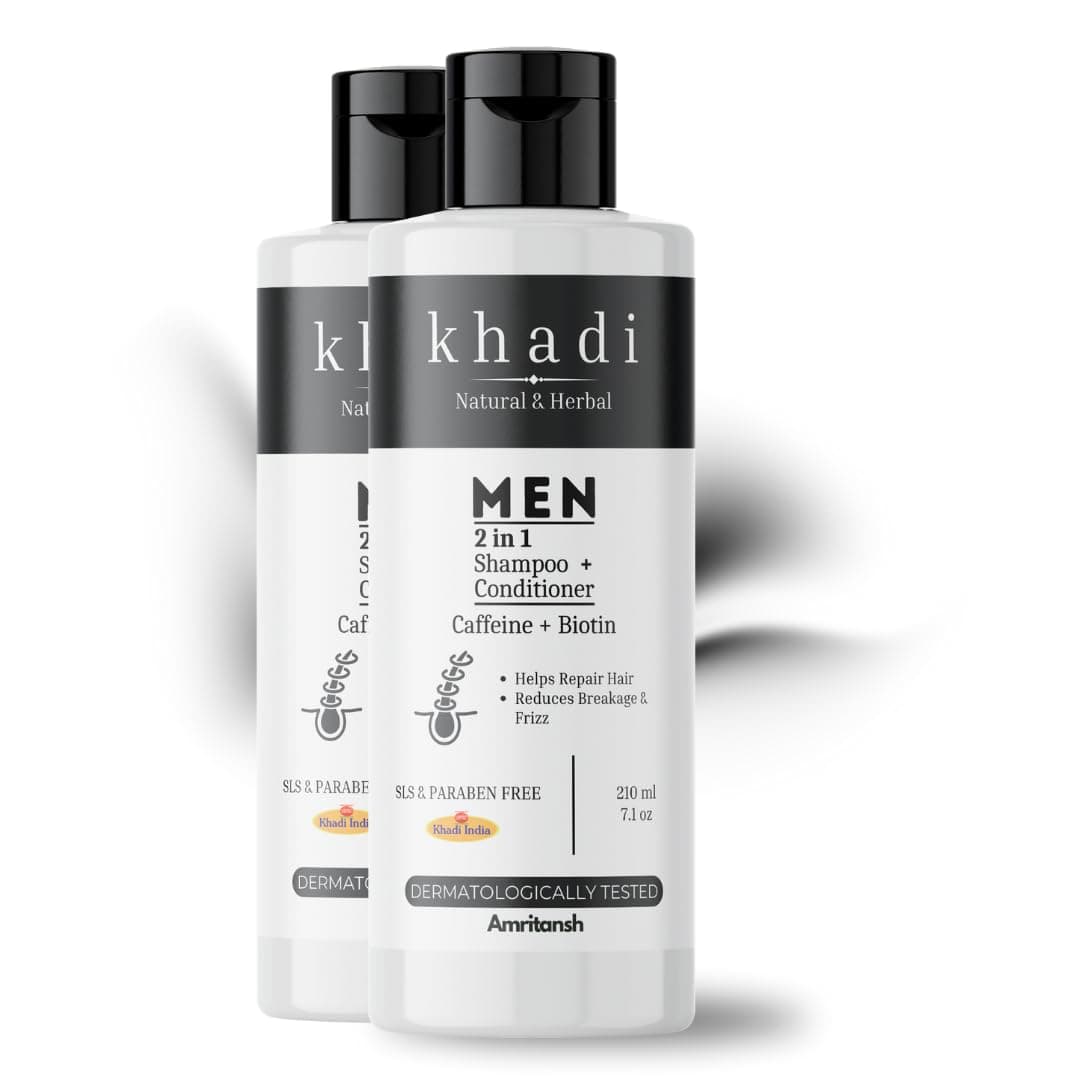 Khadi Natural MEN 2-in-1 Shampoo + Conditioner | With Caffeine & Biotin | Repairs Hair Damage | Reduces Hair Breakage & Frizz | Sulfate & Paraben Free | 420 ml