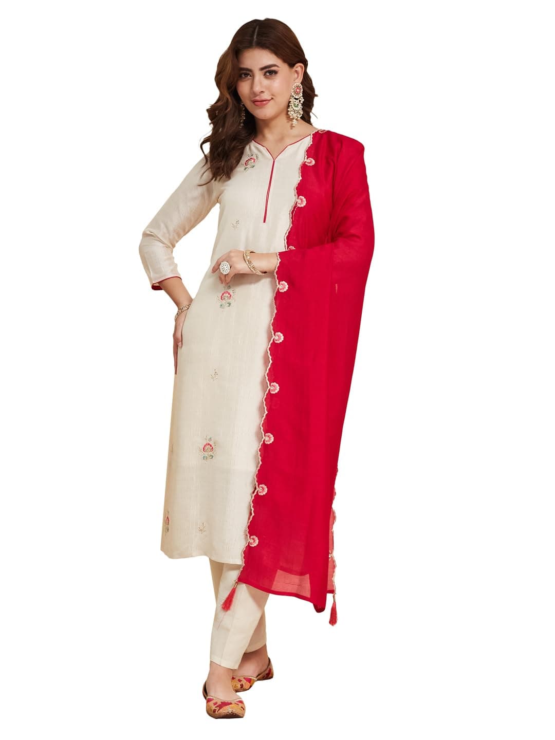 MOKOSH Women’s Silk Embroidery Kurta Pant with Dupatta | Kurta Set | Sweetheart Neck | 3 Piece Outfit | 3/4 Sleeve Ethnic Suit
