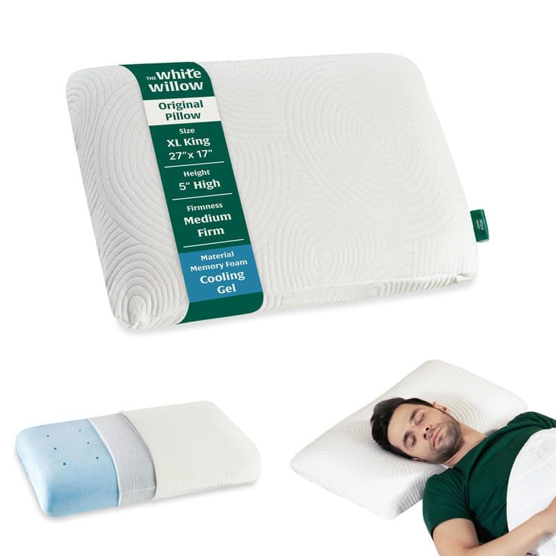 The White Willow Memory Foam Pillow For Neck & Shoulder Pain Relief-Cool Gel-Orthopedic Cervical Pillow For Sleeping-Big Pillow-Thick Pillow For Back & Side Sleeper-Medium Firm-XL King Size-5"H-White