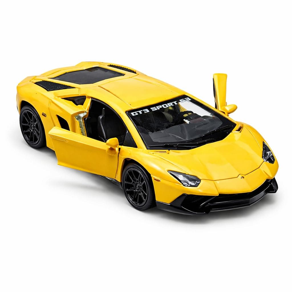 ESTOFA 1:43 Scale Lamborghini Diecast Toy Car – Pull Back Action With Zinc Alloy Body & Openable Doors – Fun Gift For Kids, Boys, Car Lovers & Collectors – Die-Cast Model Vehicle, Yellow