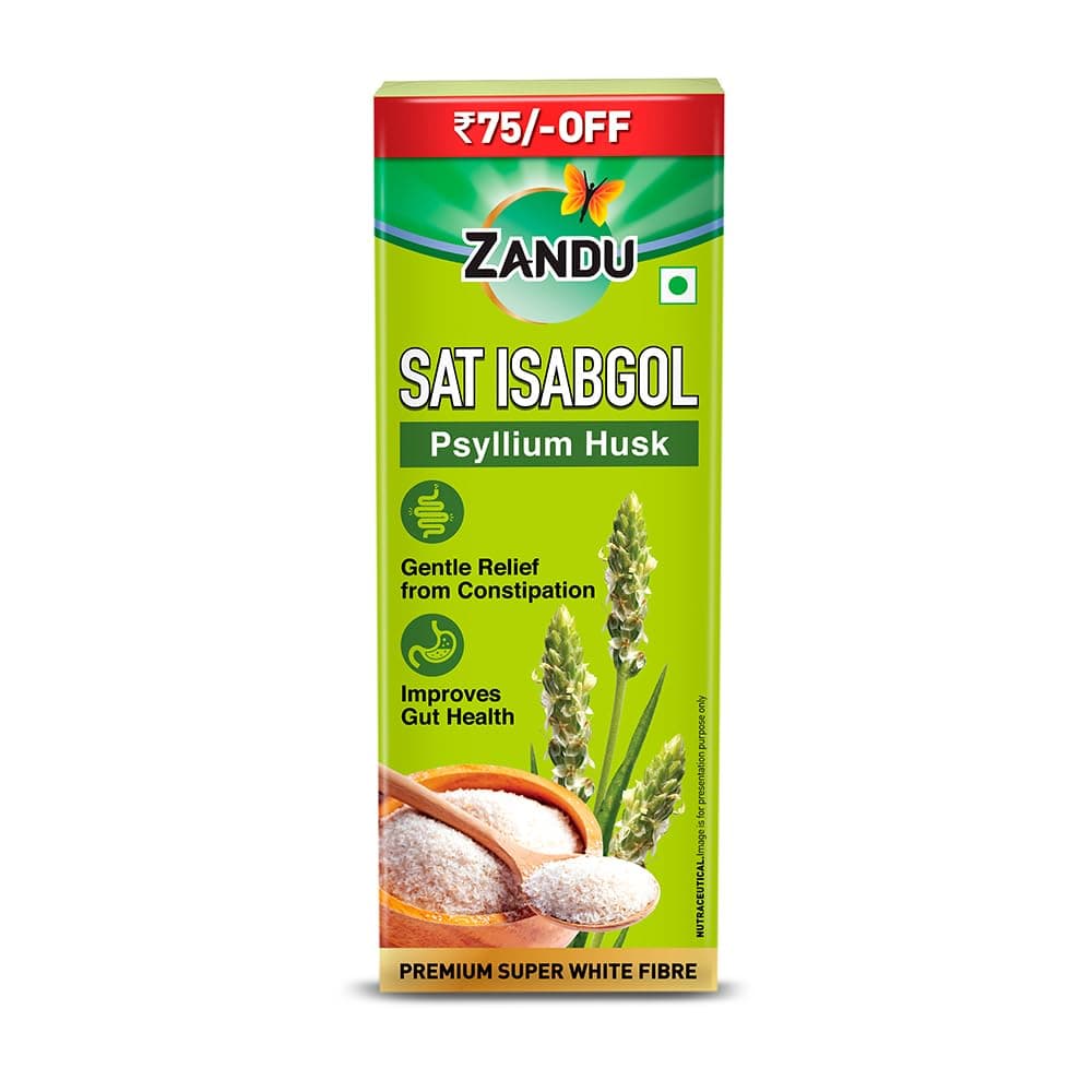 Zandu Sat Isabgol (Psyllium Husk)200gm| Premium Super White Fibre | Gentle relief from Constipation | Improves Gut Health| Eases Bowel movement | No Added Sugar | Natural & Safe