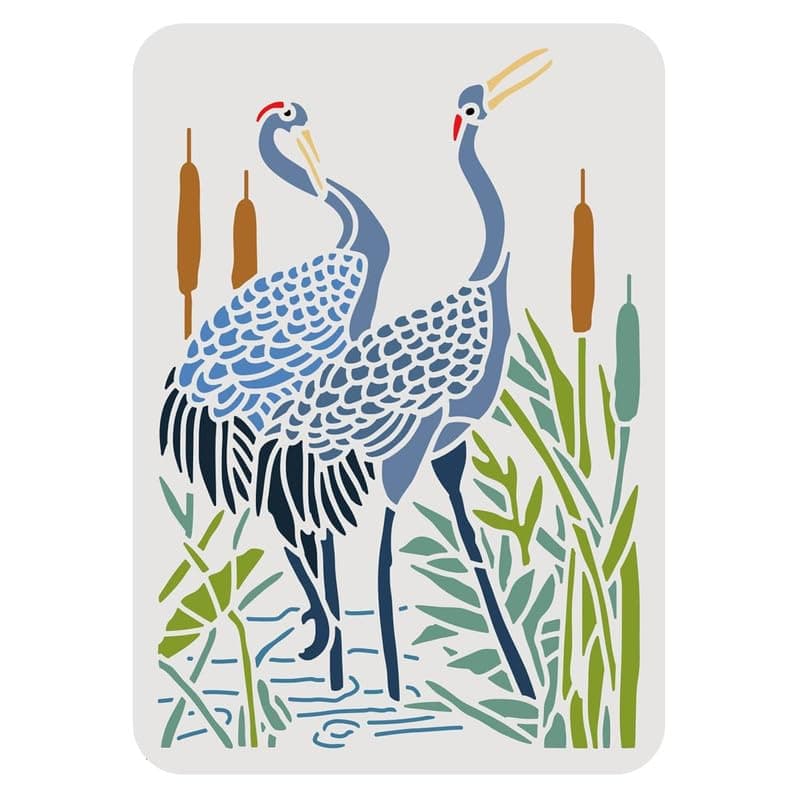 Devasya Crafts Crane Plastic Stencil, Wetland Marsh Crane Cattails Pattern Drawing Painting Templates for Diary Scrapbook DIY Craft, Wall Floor Decoration, 12x12