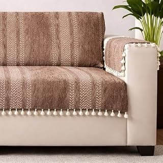 STITCHNEST Chenille Printed Sofa Cover 3 Seater with 2 Hand Rest Covers – Washable Beige Sofa Cover with Tassels – Durable Premium Fabric – Stylish Sofa Protector for Living Room & Furniture Decor