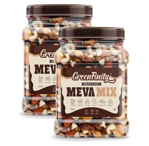 GreenFinity Meva Mix - Almonds, Cashews, Green and Black Raisins, Apricot, Black Dates | Rich in Protein Fiber | Mixed Dry Fruits for Immunity, Weight Management, Festive Gifting (500g Each-Pack of 2)