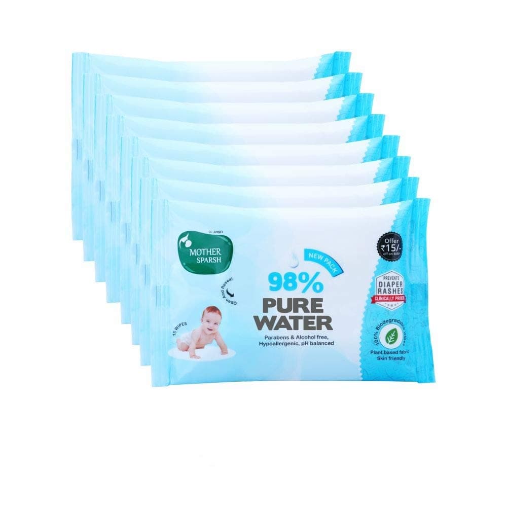 Mother Sparsh Cotton Scented Water Plant Fabric, Biodegradable Wipe (Blue, 15 Wipes) - Pack of 8