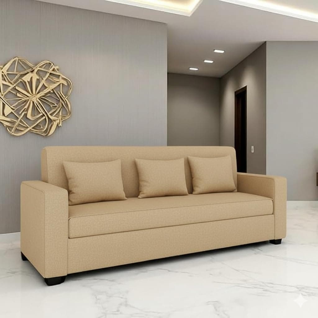HANDWOOD FURNITURE 3 Seater Fabric Sofa for Living Room and Office | Modern Fabric upholstered 3 Seater Sofa - Cream