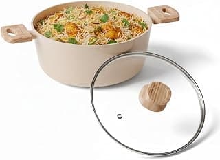 Lifelong Forged Casserole 24 cm with Non-Riveted Wooden Handle & Glass Lid | Ceramic Coated | 4.4L Capacity Serves 5–6 | for Curries, Dal & Pulao | Induction & Gas Compatible | PFOA-Free Non-Stick