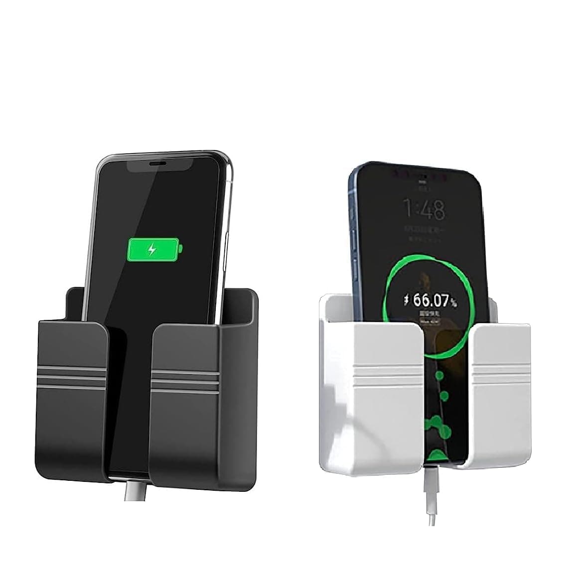 WALLVIEW TECH Pack of 2 Wall Mounted Mobile Holder & Storage Case for Remote with Charging Port, Adjustable Viewing Angle, Multi-Purpose Wall Stand for Phones (White/Black)