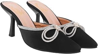 Shoetopia Women's Elegant Ivory Satin Mule Heels with Crystal Bow – Pointed Toe Slip-On Dress Rhinestone for Party or Evening Events